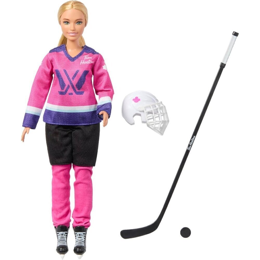 Barbie Tim Hortons Fashion Doll in Pink Purple Teal Hockey Jersey Hockey Stick